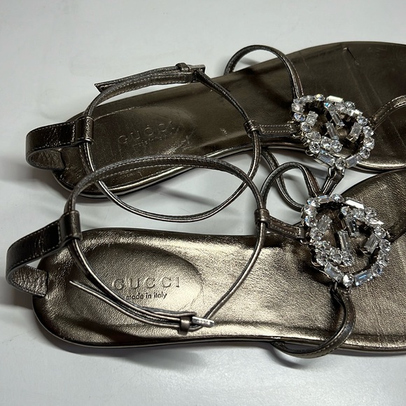 Gucci Gold Metallic Leather Crystal Embellished Thong Flat Sandals US 8.5 EU37.5 - Picture 8 of 16